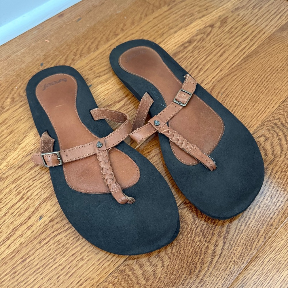 Reef Redemption Womens 10 Brown Leather Braided T-Strap Buckle Flat Sandals